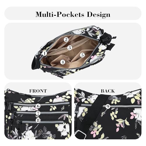 AOCINA Crossbody Bags for Women Multi Pocket Nylon Lightweight Ladies Purses Messenger Shoulder Handbags Satchel Travel Bag - color: Black Flowers, size: Large