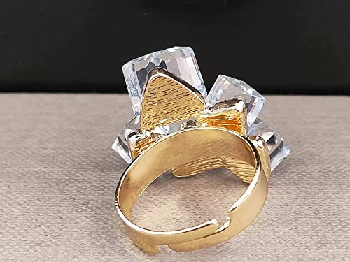 Hebelee Boho Square Crystal Statement Ring for Women Gold-Toned Adjustable Expandable Promise Engagement Geometric Rings Comfort Fit Elegant Art Deco Birthday Christmas Cocktail Party Y2K Jewelry - color: White