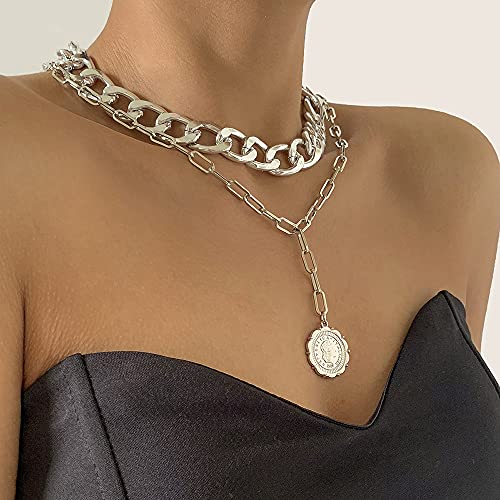JWICOS Dainty Layered Silver Women's Cuban Chain Necklace Bohemian Coin Pendant Link Chunky Necklace for Women (Silver) - color: Silver