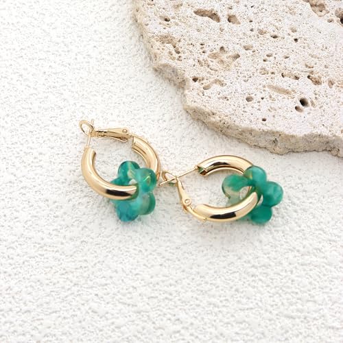 Chunky Acrylic Gold Small Flower Hoop Huggie Earrings, Colorful Boho Ear Piercing Dangle Drop Earrings, Dainty Chic Charm Jewelry Gift - color: Blue