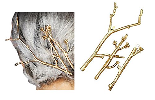 Set of 3 Vintage Tree Branch Hair Clip Barrette Women Lady Hair Pin Head Dress DIY Hair Accessories (Gold) - color: Gold