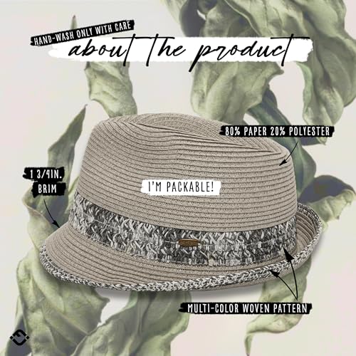 Funky Junque Straw Fedora Hats for Women - UPF 50+ Sun Hat, Short Brim Packable Beach Hat with Woven Pattern - color: Light Grey