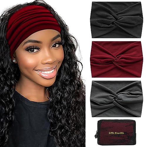 S&N Remille Wide Headbands for Women, Large Hairband, Elastic Non-Slip Headband Twist Knotted Accessories, Yoga Workout Vintage Hair 3 Pack (Colour-6) - color: Colour-6