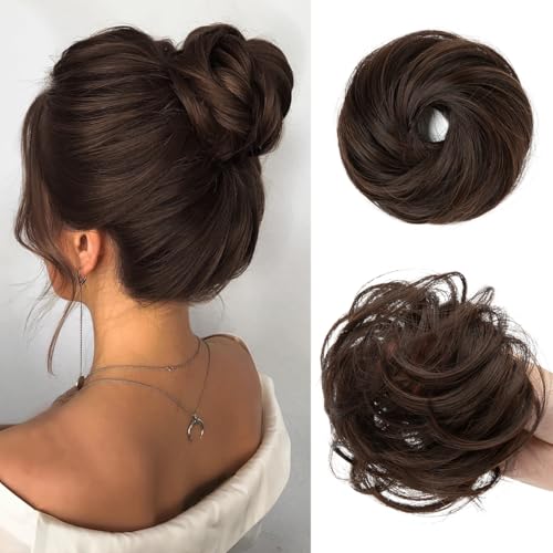 CJL HAIR 2PCs Small Cute Messy Bun Hair Piece for Thin Hair Women Mini Synthetic Curly Bun Scrunchies Updo Hairpieces Dark Chocolate - color: 2PCS-Dark Chocolate
