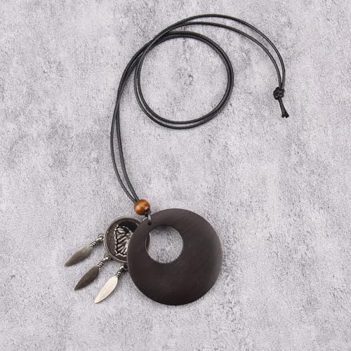 PU Leather Necklace Vintage Boho Style Multilayer Pendant Long Sweater Necklace Jewelry for Women Men with Adjustable Leather Cord - color: Round Eagle Head Feather Wood Necklace