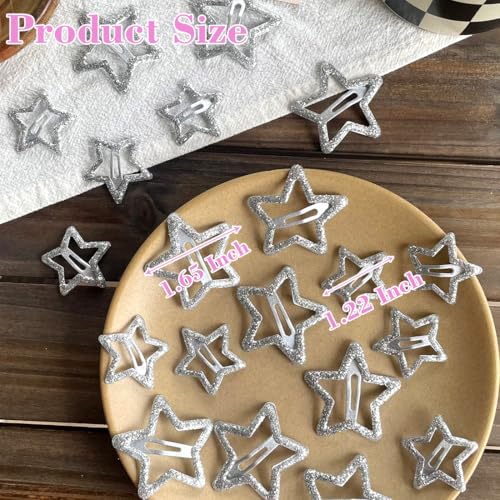 20 PCS Sparkling 1.22" and 1.65"Star Hair Clips Snap Hair Accessories Non Slip Clips for Girls Women Y2K Accessories Silver Metal Hair Clip Hair Barrettes - color: Glitter Silver 1.22" 1.65"（20PCS)