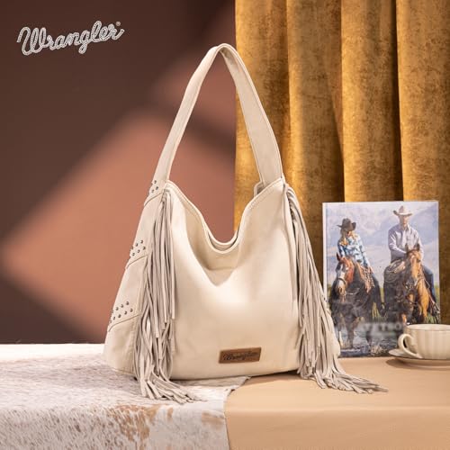 Wrangler Fringe Suede Hobo Bag for Women Leather Western Fringe Purse Tassel Hippie Shoulder Bag - color: Beige