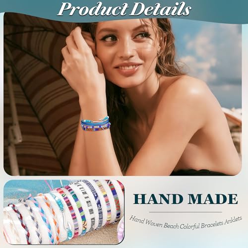 36Pcs Boho Surfer Bracelets Anklets for Women Men Adjustable String Rope Anklets Handmade Beach Colorful Bracelets Anklets Friendship Braided Bracelet Waterproof
