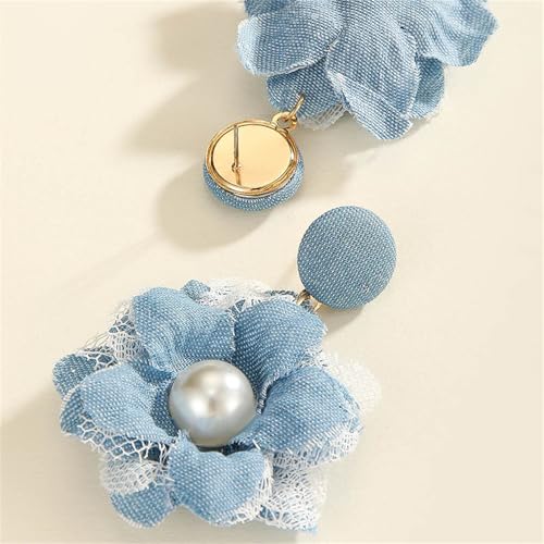 coadipress Boho Denim Camellia Flower Dangle Earrings for Women Exaggerated Big Layered Tiered Blossom Floral Drop Long Earring Chic Statement Earrings Wedding Bridal Jewelry Gifts - style: Pearl Flower