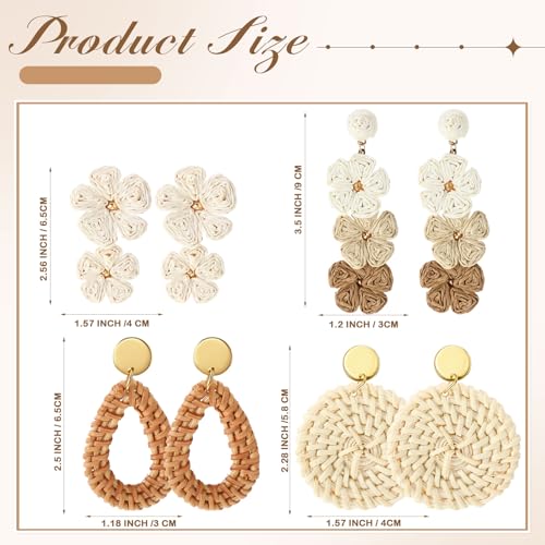 Sumind 4 Pairs Boho Raffia Earrings for Women Flower Round Drop Dangle Woven Earrings Summer Vacation Tropical Beach Natural Handmade Raffia Jewelry Gifts Set Bohemian Accessories