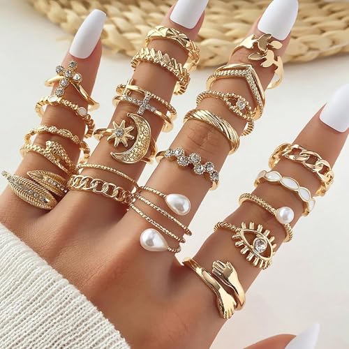 YEEZII 25 Pcs Gold Knuckle Rings Set for Women, Cute Stackable Finger Midi Rings, Dainty Gold Chunky Stacking Statement Womens ring pack - color: Gold-22 Pcs
