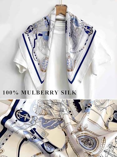 100% Mulberry Silk Scarf for Women Hair Lightweight Square Neckerchief Wrap For Head Scarves 21" - color: 31-nautical Blue /21"*21"