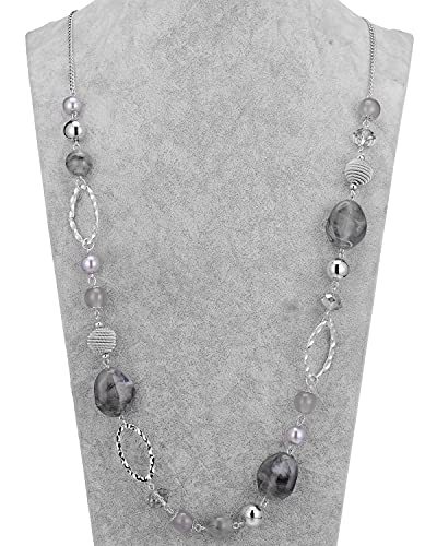 BULINLIN Beaded Long Necklace for Women Silver Sweater Chain Necklace with Crystal Resin Beads, Fashion Jewelry Necklace - color: Grey