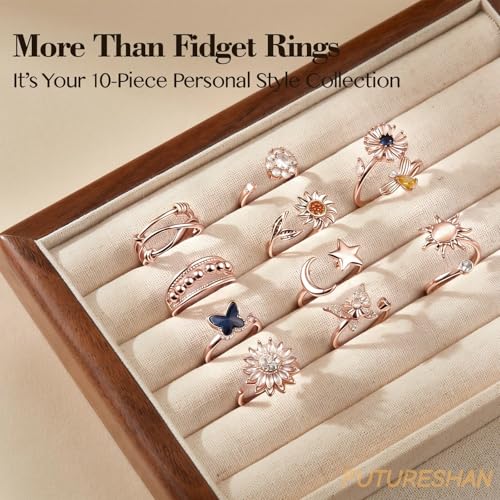 10Pcs Fidget Anxiety Rings for Women Adjustable Spinner Ring Gifts for People With Anxiety Moon Sun Butterfly Galaxy Daisy Flower CZ Stress Relief Calm Rings Jewelry 14K Gold/Silver/Rose Gold Plated - color: Rose Gold Plated