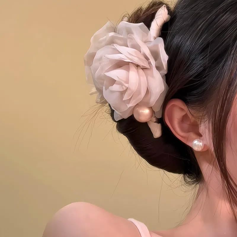 Large Chiffon Rose Flower Hair Claw Clips Boho Mesh Floral Hair Pins Barrettes Strong Hold Non-Slip Beach Vacation Hair Accessories for Women (Pink Large Chiffon Claw with Pearl) - color: Pink Large Chiffon Claw with Pearl