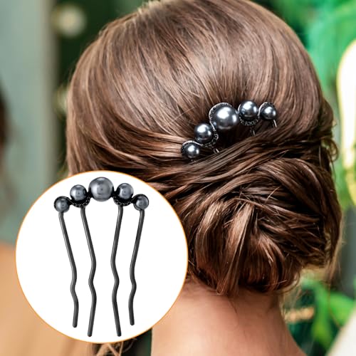 2 Pcs Pearl Hair Pins U Shaped, Elegant Vintage French Pearl Hair Comb, French Twist Hair Pin for Brides, Bridesmaid, Party, Daily, Holiday (Gun Black) - color: Gun Black