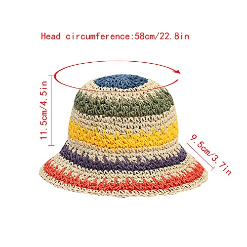 Women Straw Sun Hat Floral Woven Crochet Bucket Hat Y2k Aesthetic Accessories Beach Hat Hand Woven Boho Foldable Cap - color: Striped C