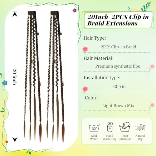 2PCS Boho Dreadlock Clip In Braids with Charms and Beads, Handmade Dreadlock Braids Hair Extensions Synthetic Braided Hairpieces for Women (Light Brown Mix 20 Inch) - color: Light Brown Mix, size: 20 Inch