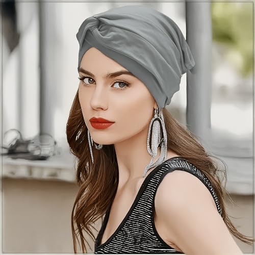 ZLYC Chemo Headwear for Women Pre Tied Turban Headwear Lightweight Beanie Hat - color: Knot Light Gray