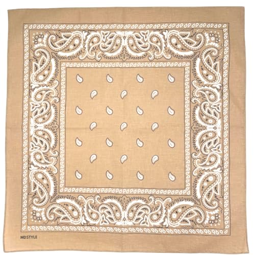 MDSTYLE 100% Cotton Bandana for Men & Women 22" x 22" Paisley Pattern Handkerchief Headband Scarf - color: Tan