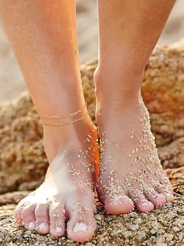 ChainsHouse Ankle Bracelets for Women, Stainless Steel Chain Anklets Waterproof, Women Summer Beach Jewelry Gift, Come with Box - color: 02. 2Pcs-(2+3mm)-Paperclip-14K Gold
