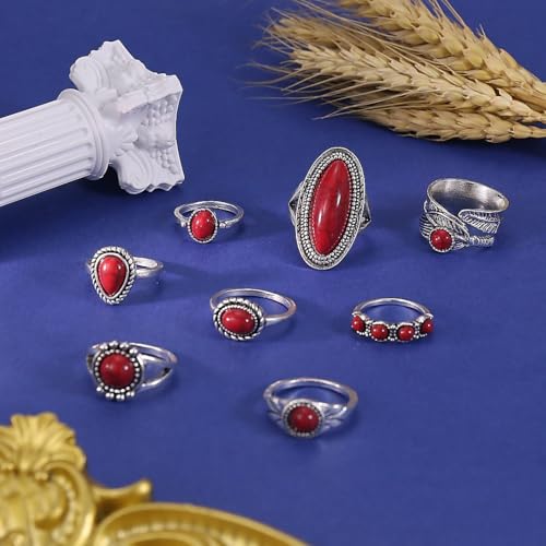 Bohemian Turquoise Ring for Women Stackable Vintage Chunky Boho Turquoise Ring Set Dainty Open Gemstone Knuckle Midi Finger Rings Western Statement Rings Jewelry - style: red eight