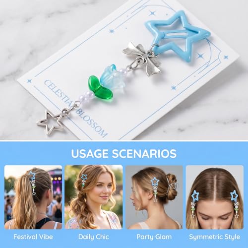 Pndeyo 2pcs Star Tassels Hair Clips for Women, Non-Slip Bow Flower 2000s Y2K Hair Snap Barrettes, Cute Star Beaded Pendant Hair Pin Accessories for Braid Long Short Thin Thick Hair- Blue - color: Blue-2pcs-A Style
