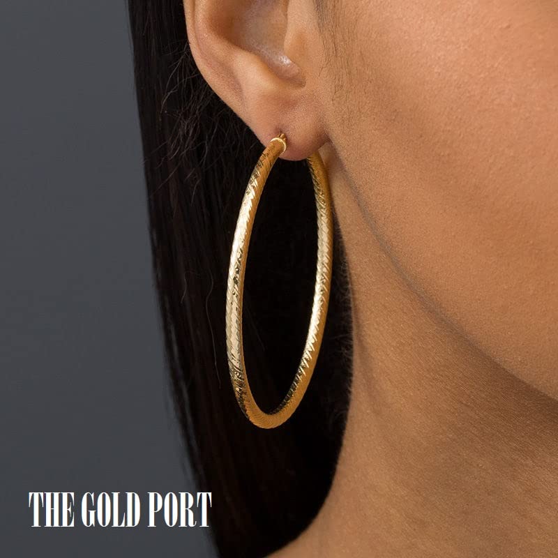 TGP 18K Gold Plated Twist Engraved Hoop Earrings for Women, Lightweight Gold Round Tube Hoops 60mm