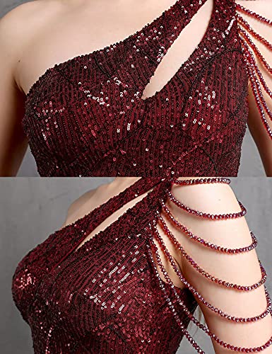Women One Shoulder 1920s Plus Size Formal Dress Tassels Sleeve Sequins Gatsby Maxi Evening Gown - color: A-wine, size: Large