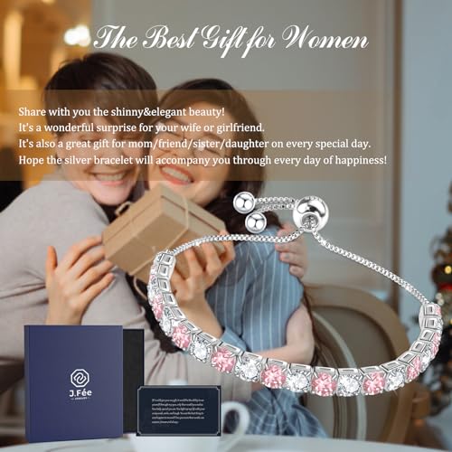 J.Fée Silver Bracelet, S925 Tennis Bracelet with Sparkling 5A Cubic Zirconia Silver Bracelets for Women Adjustable Bracelet for Women Bracelets Womens Bracelet Women Gifts for Women Mom - color: Zirconia Pink CZ