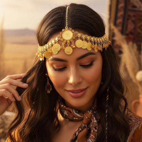 Catery Gold Coin Head Chain Gypsy Headpiece for Women Cotusme (Large Coin) | Egyptian Head Piece Belly Dance Hair Chain Indian Hair Jewelry for Cleopatra Costume Halloween Party Sparkly Dangling - color: Large Coin