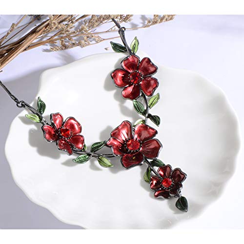 AMYJANE Vintage Statement Jewelry Set - Spring Leaf Flower Floral Plant Necklace Earring Set Crystal Rhinestone Fashion Costume Jewelry for Women Prom Party Unique Gift - style: Red Flower Green Leaf