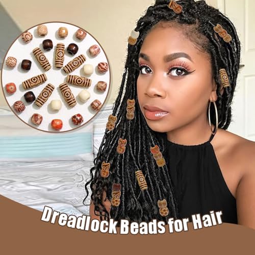 NAISKA 60PCS Vintage Round Natural Wood Hair Beads for Braids Loc Dreadlock Jewelry Beads for Hair Wooden Multi Shape Beads for Necklace Bracelet Hair DIY Craft Handmade Decor