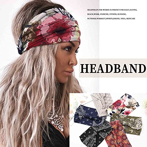 Olbye Wide Headbands Knotted Turban Headband Floral Non Slip Elastic Hairbands Workout Head Wraps Yoga Hair Scarfs Boho Fashion Hair Accessories for Women 6 Pcs (Chic)