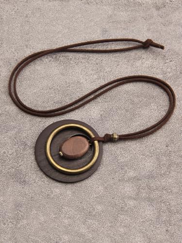 GelConnie Leather Cord Necklace Chain Multilayer Wooden Pendant Necklaces Vintage Jewelry Boho Long Sweater Necklace for Women Men - color: Brown Wood Necklace