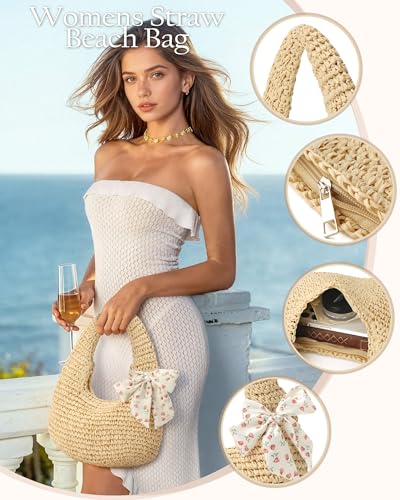 fauson Beach Bags for Women - Handmade Straw Clutch Purses for Women Handbag Zip Closure Tote Bag Lightweight - color: Beige