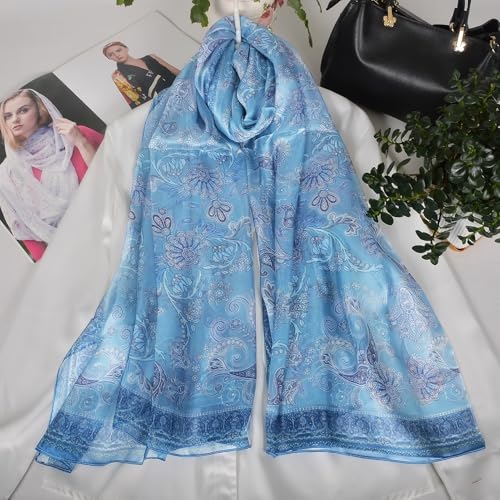100% Mulberry Silk Women's Neck Silk Scarf-Lightweight Shawl,FLoral Print Beach Silk Wrap-Scarves for Photography - color: Grey Blue