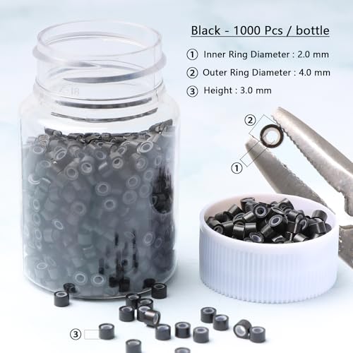 NIACONN 1000pcs 4 mm Tinsel Hair Extensions Beads, Silicone Lined Ring Micro Link I-tip Beads for Hair Extension - Black - color: Black, size: 4mm