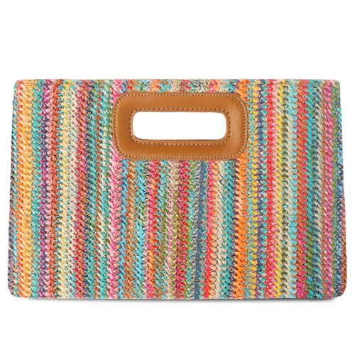 Beach Clutch Bag Straw Summer Clutch Purses for Women Handmade Woven Purse Detachable Gold Chain, Crossbody - color: Colorful
