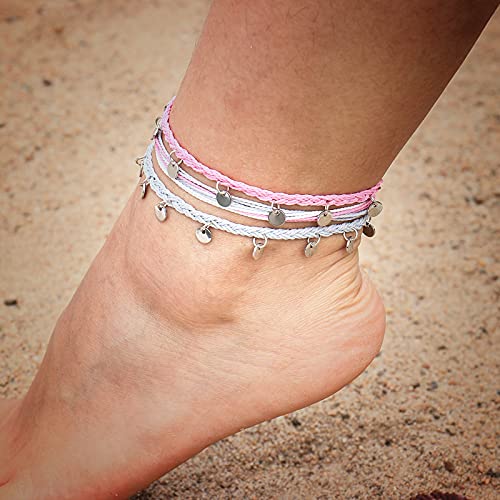 FANCY SHINY String Ankle Bracelets Waterproof Rope Anklets Braided Beach Boho Coin Anklets Cute Friendship Foot Jewelry for Women - style: Pink