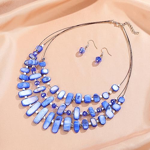 3 Layered Chunky Statement Necklace for Women Beaded Strand Necklaces with Earring Fashion Costumes Collar Necklace Jewelry Sets Gifts for Women - color: 50-Sapphire