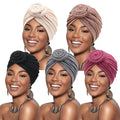DRESHOW 5 Pack Knotted Headwraps for Women African Turban Pre-Knotted Beanie Headwraps Hair Covers - color: 5 Pack Donuts: Ivory, Taupe, Black, Gray, Fuchsia
