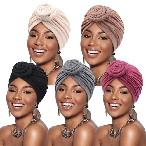 DRESHOW 5 Pack Knotted Headwraps for Women African Turban Pre-Knotted Beanie Headwraps Hair Covers - color: 5 Pack Donuts: Ivory, Taupe, Black, Gray, Fuchsia