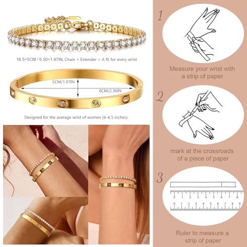 2PCS Gold Bracelets for Women, 18K Gold Plated Love Friendship Bangle Bracelet Set, Adjustment CZ Tennis Bracelet Stack Non Tarnish, Dainty Waterproof Jewelry Gifts for Valentines Day, Easter