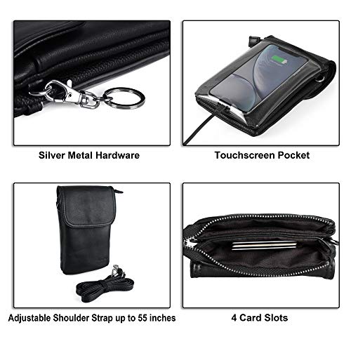befen Genuine Leather Small Crossbody Bags for Women Cell Phone Bag Cross Body Purses,Silver Zipper - color: Black+touch Screen