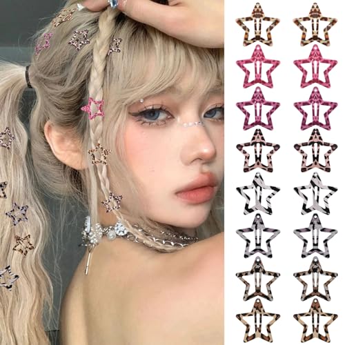 Star Hair Clips Snap Hair Barrettes Non Slip Star Hair Accessories Leopard Colors Metal Hair Clips for Girls Women -16 PCS -Red & Grey - color: 16 P - Leopard Colors-RedGrey
