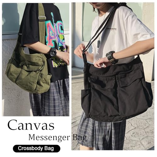 KlaOYer Canvas Messenger Bag Large Hobo Bag Crossbody Shoulder Bag Tote Bag with Pocket for Women and Men - color: White