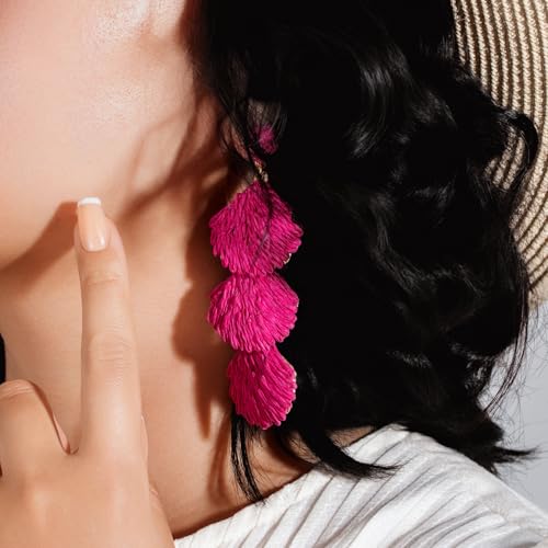 Boho Raffia Earrings Starfish Shell Seashell Dangle Drop Earrings Cute Statemnet Trendy Jewelry Summer Beach Outfits for Women - color: Hot Pink, size: Shell