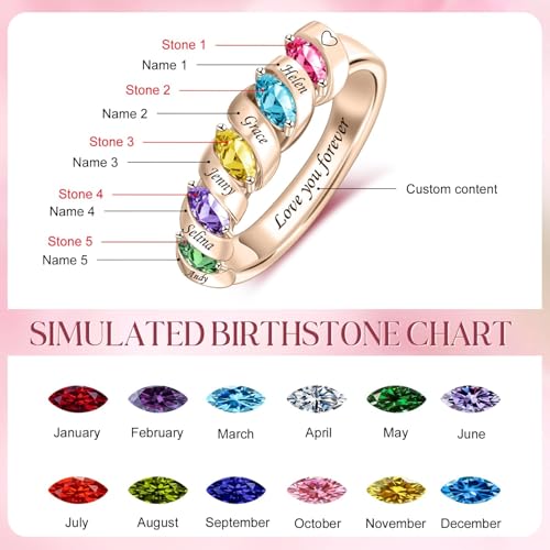 MissNaNa Mothers Ring With 1/2/3/4/5/6 Birthstones Personalized Engraved Name Rings for Women Stacking Birthstone Ring for Mom Grandma Daughter Wife Birthday Christmas Gift - color: 6 Birthstones