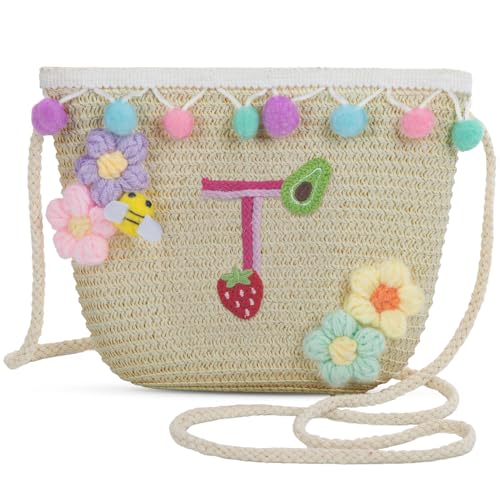 Letter Small Woven Straw Summer Beach Tote Bag for Women 2025,Woven Straw Beach Purse Shoulder Crossbody Bag for Women 2025 - color: Brown T